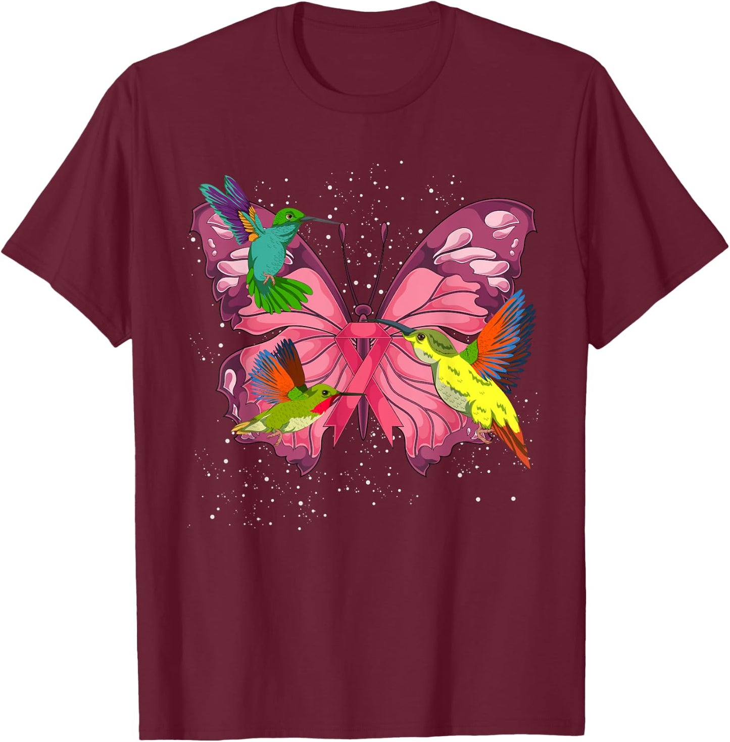 Hummingbird Butterfly Pink Ribbon Breast Cancer Awareness T-Shirt - T-Shirt | Maroon