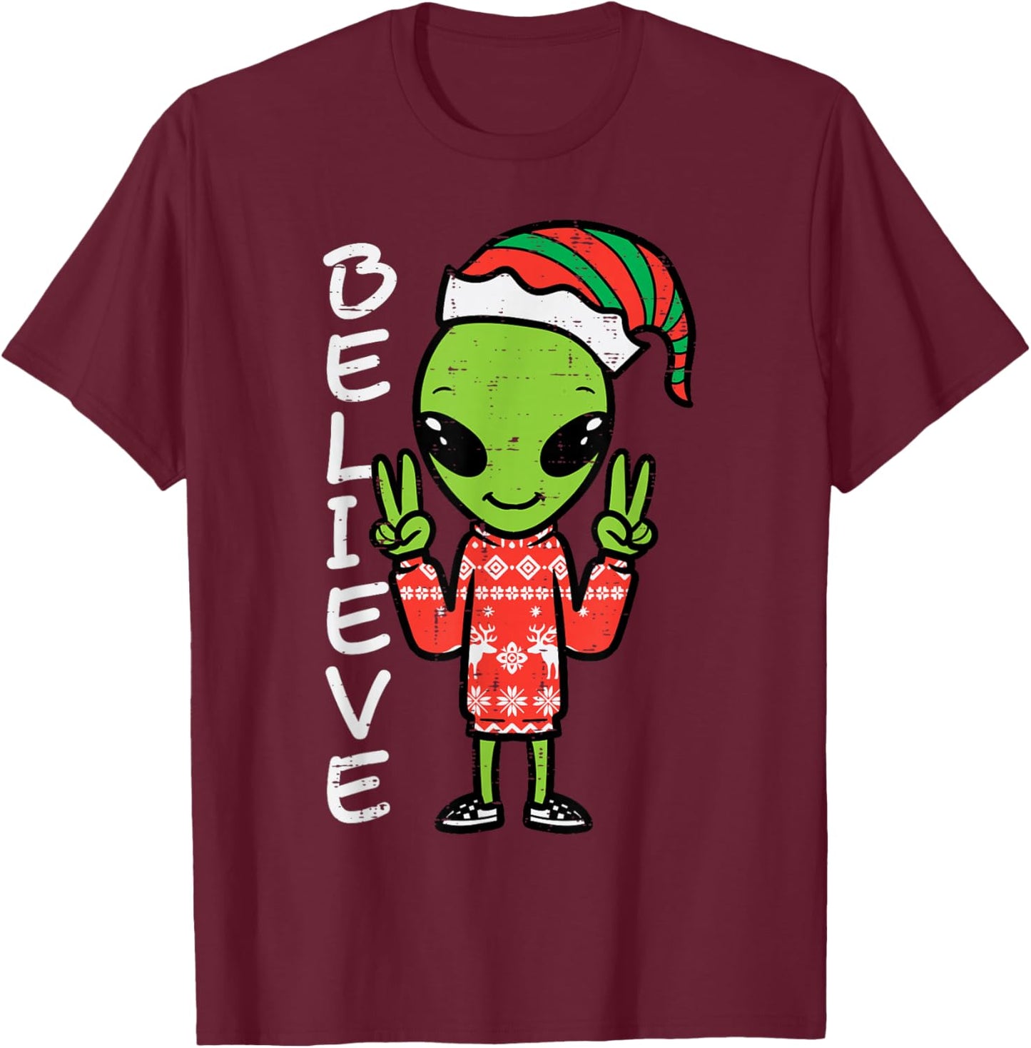 Christmas Alien Elf Believe Funny Xmas Space Men Women Kids T-Shirt - T-Shirt | Maroon