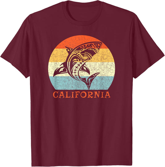 California Vintage Vacation Retro Tribal Shark T-Shirt - T-Shirt | Maroon