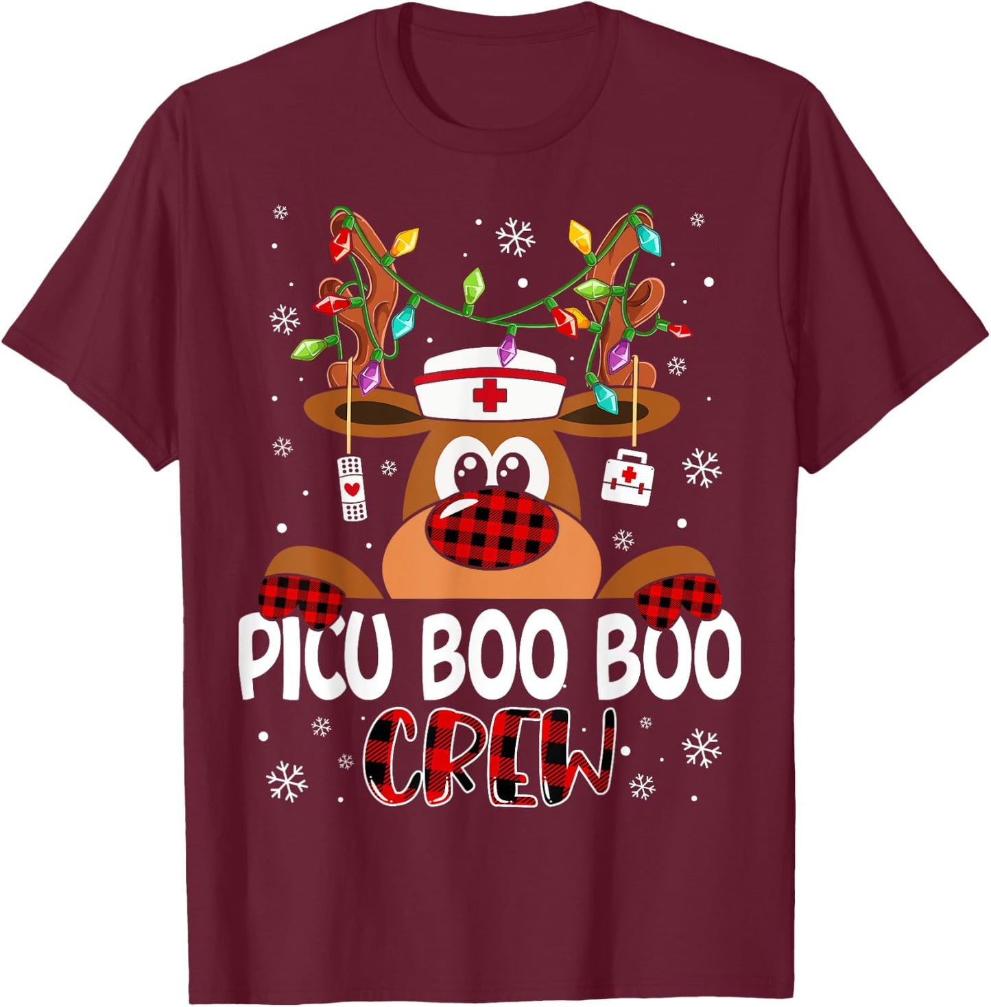 Reindeer PICU Nurse Boo Crew Christmas Buffalo Plaid Nurse T-Shirt - T-Shirt | Maroon