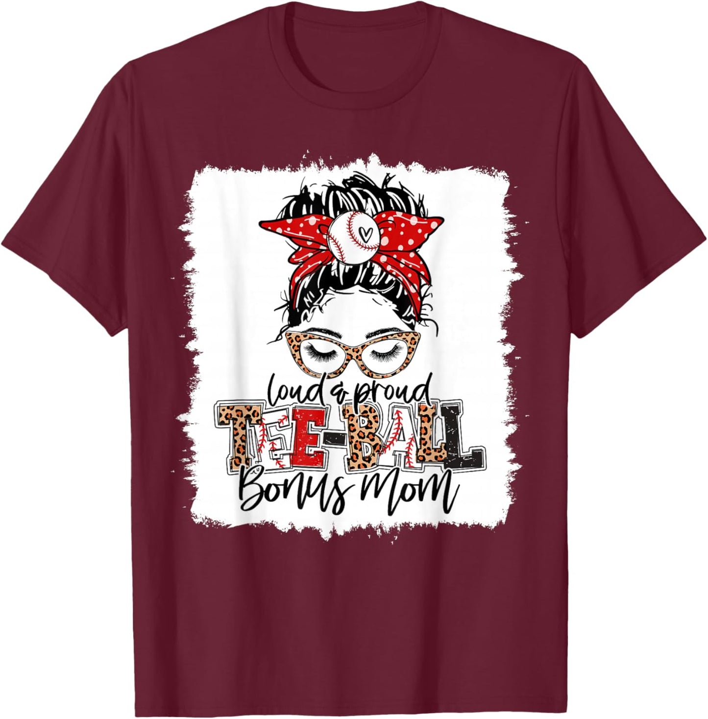 T-Ball Bonus Mom Ball Leopard Print Squad Messy Bun Hair T-Shirt - T-Shirt | Maroon