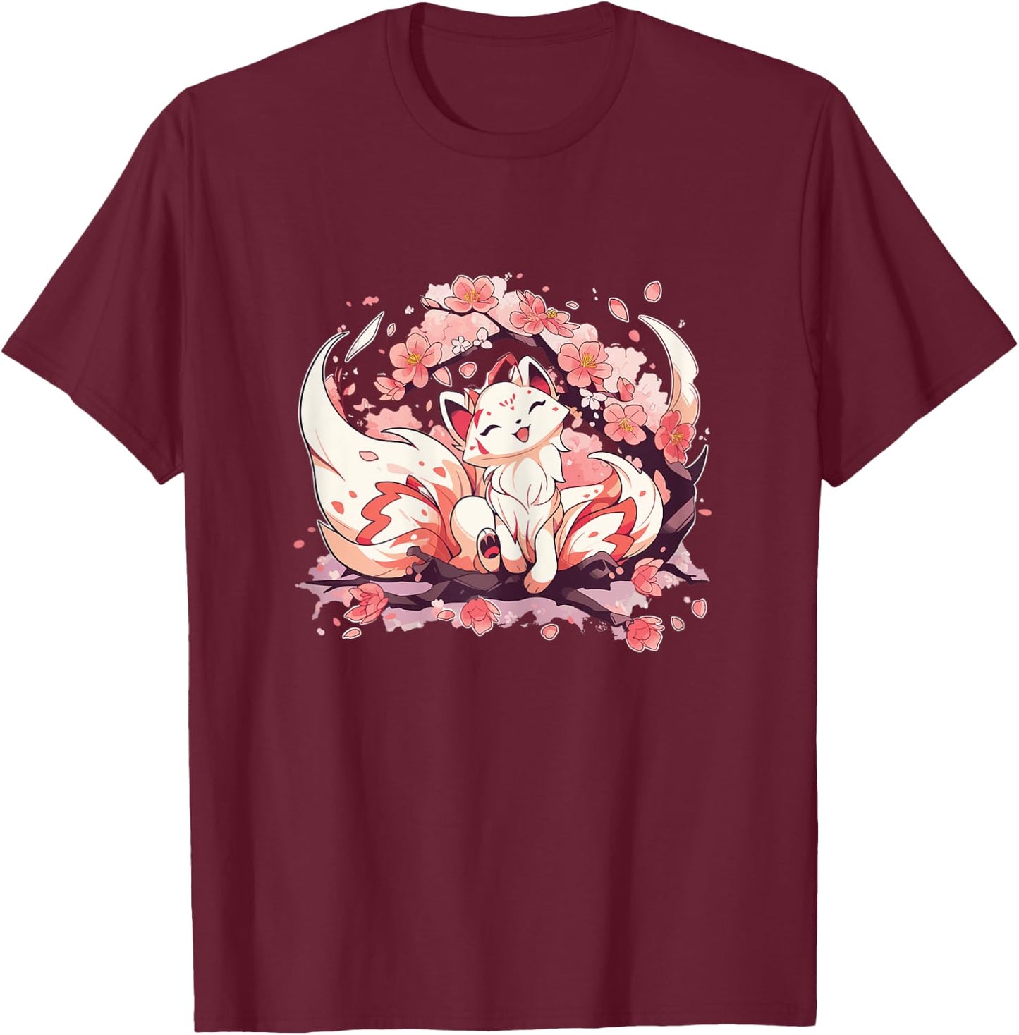 Kitsune Fox Japanese Nine Tailed Fox Cherry Blossom Flowers T-Shirt - T-Shirt | Maroon