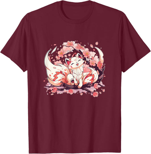 Kitsune Fox Japanese Nine Tailed Fox Cherry Blossom Flowers T-Shirt - T-Shirt | Maroon