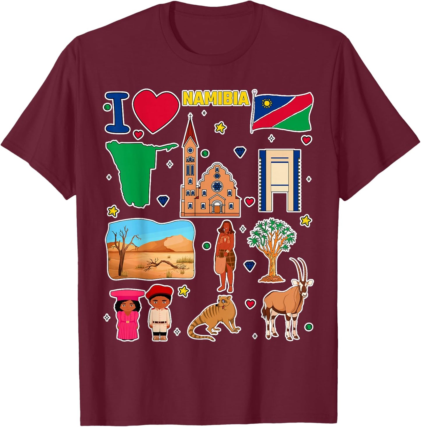 Namibian hand drawn symbols, Namibia map, cultural icons T-Shirt - T-Shirt | Maroon