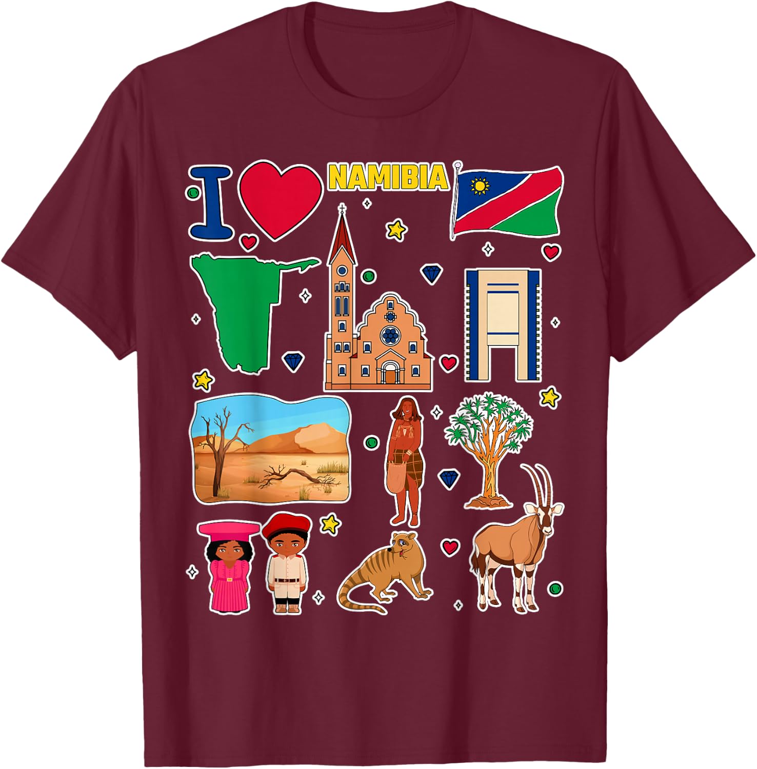 Namibian hand drawn symbols, Namibia map, cultural icons T-Shirt - T-Shirt | Maroon
