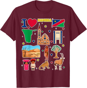 Namibian hand drawn symbols, Namibia map, cultural icons T-Shirt - T-Shirt | Maroon