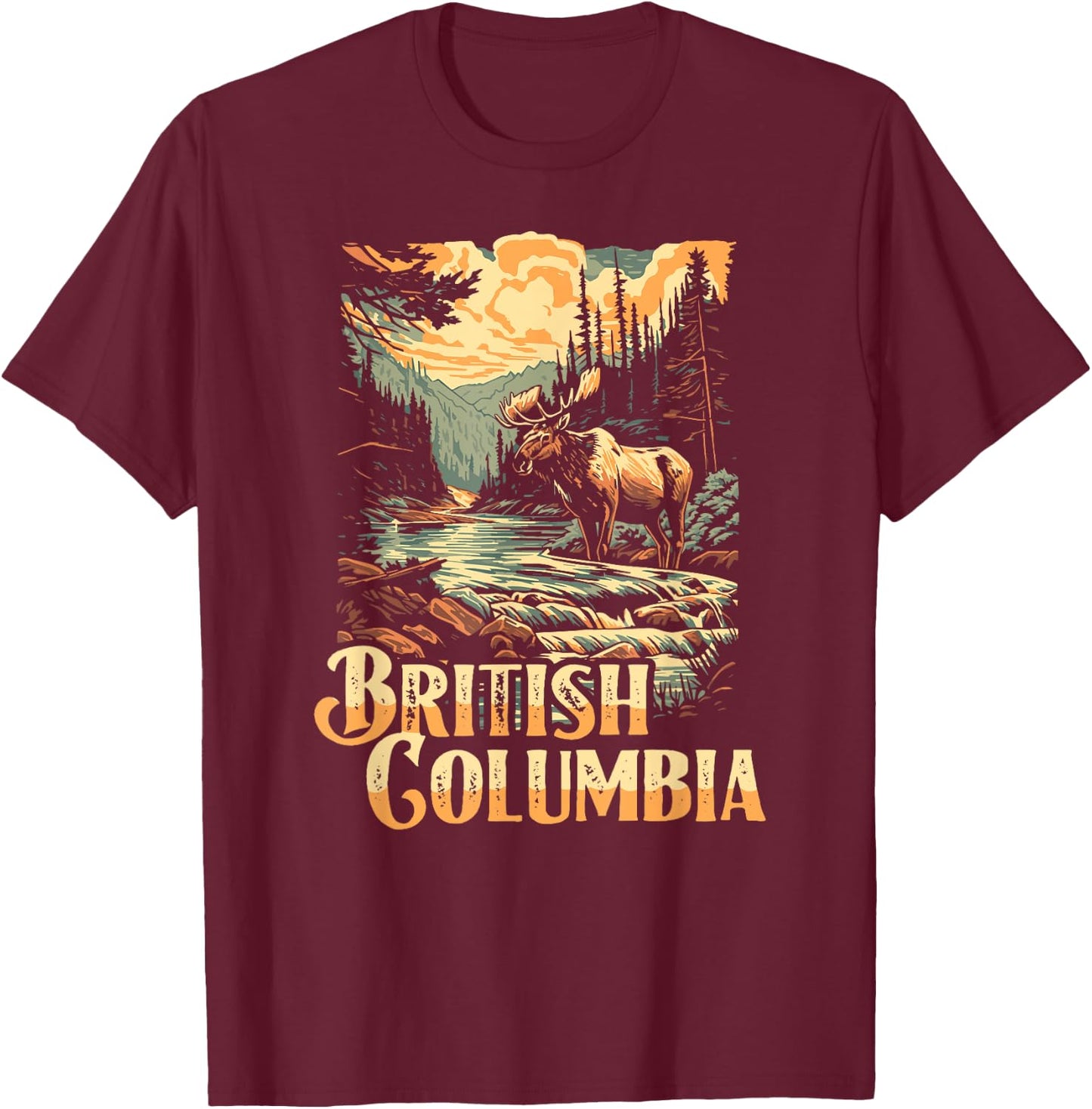 British Columbia Outdoors Canadian Wilderness Moose Vintage T-Shirt - T-Shirt | Maroon