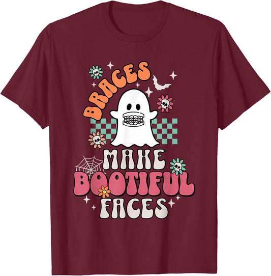 Braces Make Beautiful Faces Groovy Orthodontist Halloween T-Shirt - T-Shirt | Maroon