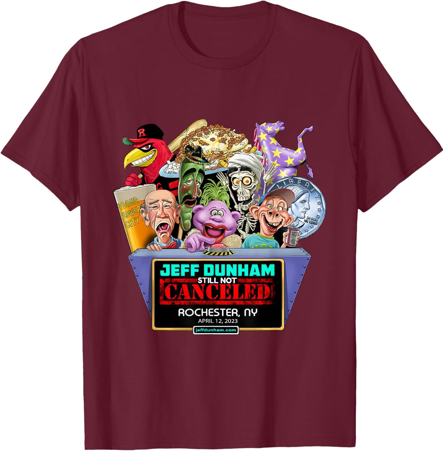 Jeff Dunham Rochester, NY (2023) T-Shirt - T-Shirt | Maroon