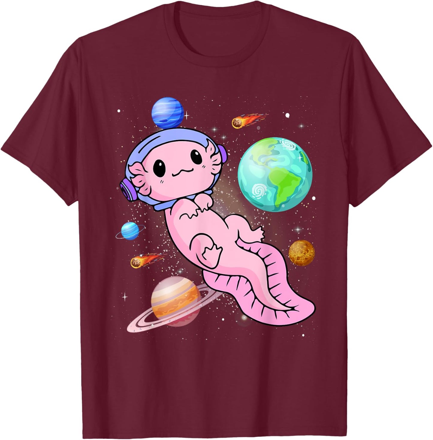 Cute Astronaut Axolotl In Space Galaxy Planet Outer Space T-Shirt - T-Shirt | Maroon