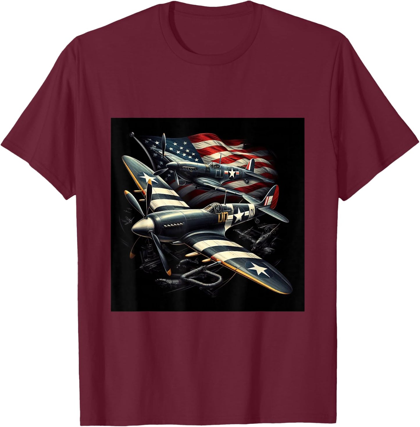 Spitfire F4U Corsair WW2 Airplanes US Flag T-Shirt - T-Shirt | Maroon