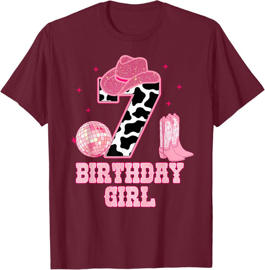 Happy 7th Birthday Girl Outfit Rodeo Western Cowgirl Cowboy T-Shirt - T-Shirt | Maroon