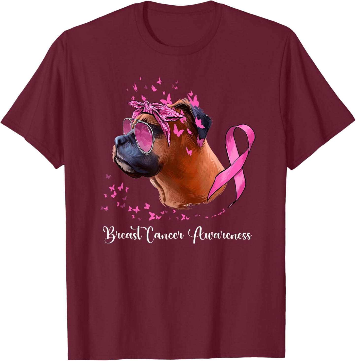 Boxer Dog Lover Pink Ribbon Breast Cancer Awareness T-Shirt - T-Shirt | Maroon