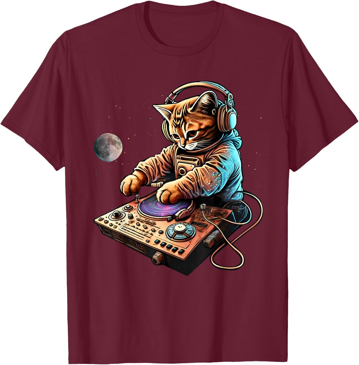 DJ Cat, Cute Space Cat Disc Jockey Cat in Astronaut Suit T-Shirt - T-Shirt | Maroon