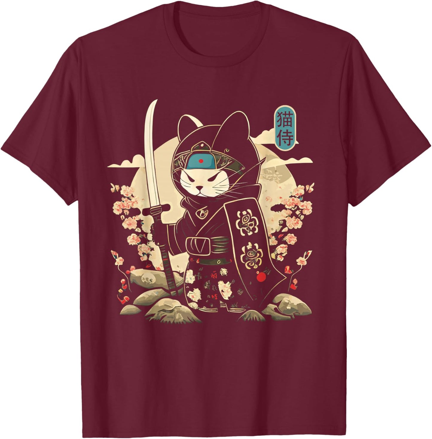 Japanese Samurai Cat Tattoo Kawaii Ninja Cat T-Shirt - T-Shirt | Maroon
