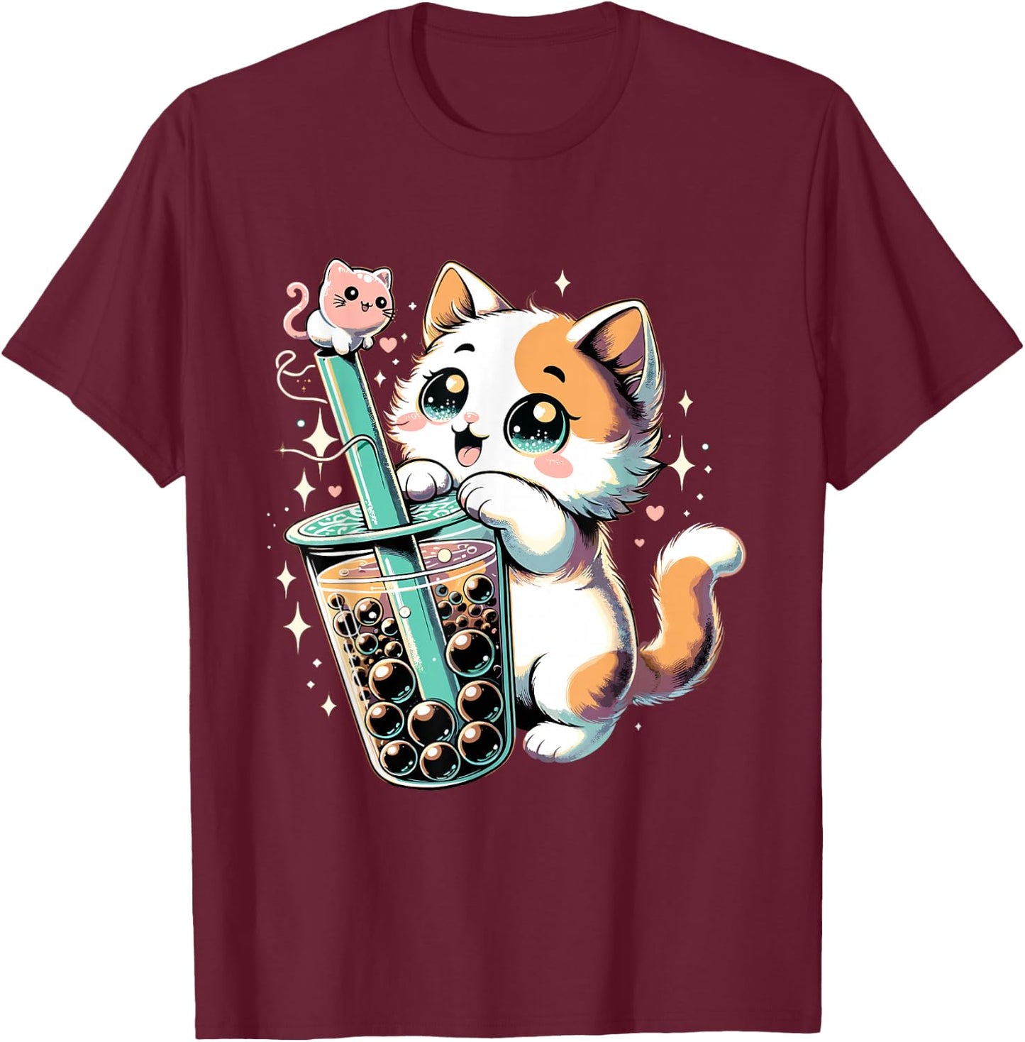Cat Boba Japanese Kawaii Anime Kitty Bubble Tea Neko Teen T-Shirt - T-Shirt | Maroon