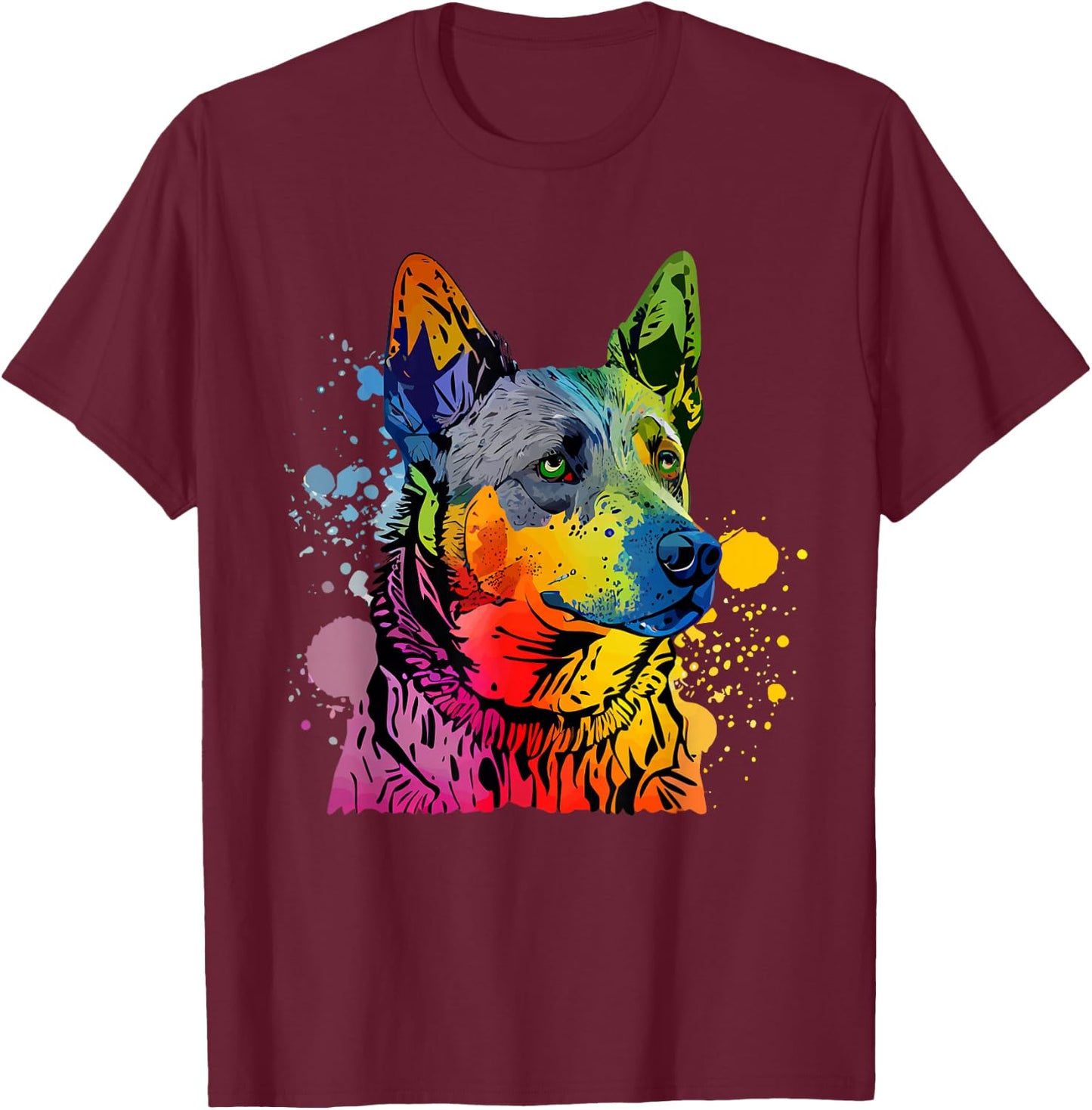 Australian Cattle Dog Heeler Colorful Pop Art Splash Art T-Shirt - T-Shirt | Maroon