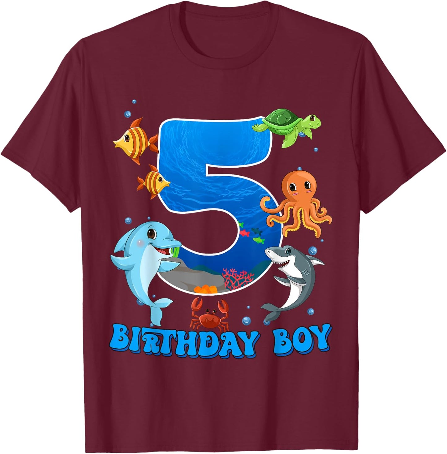 5th Birthday Party Ocean 5 Year Old Sea Fish Birthday Boy T-Shirt - T-Shirt | Maroon