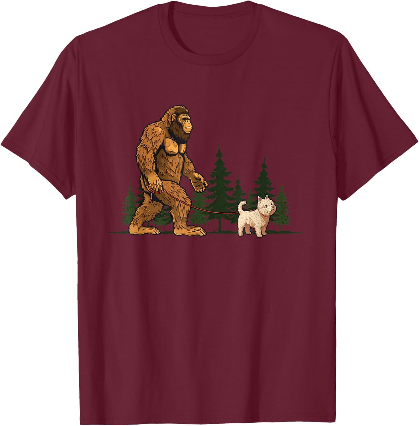 Funny West Highland White Terrier Westie Bigfoot Dog Walking T-Shirt - T-Shirt | Maroon