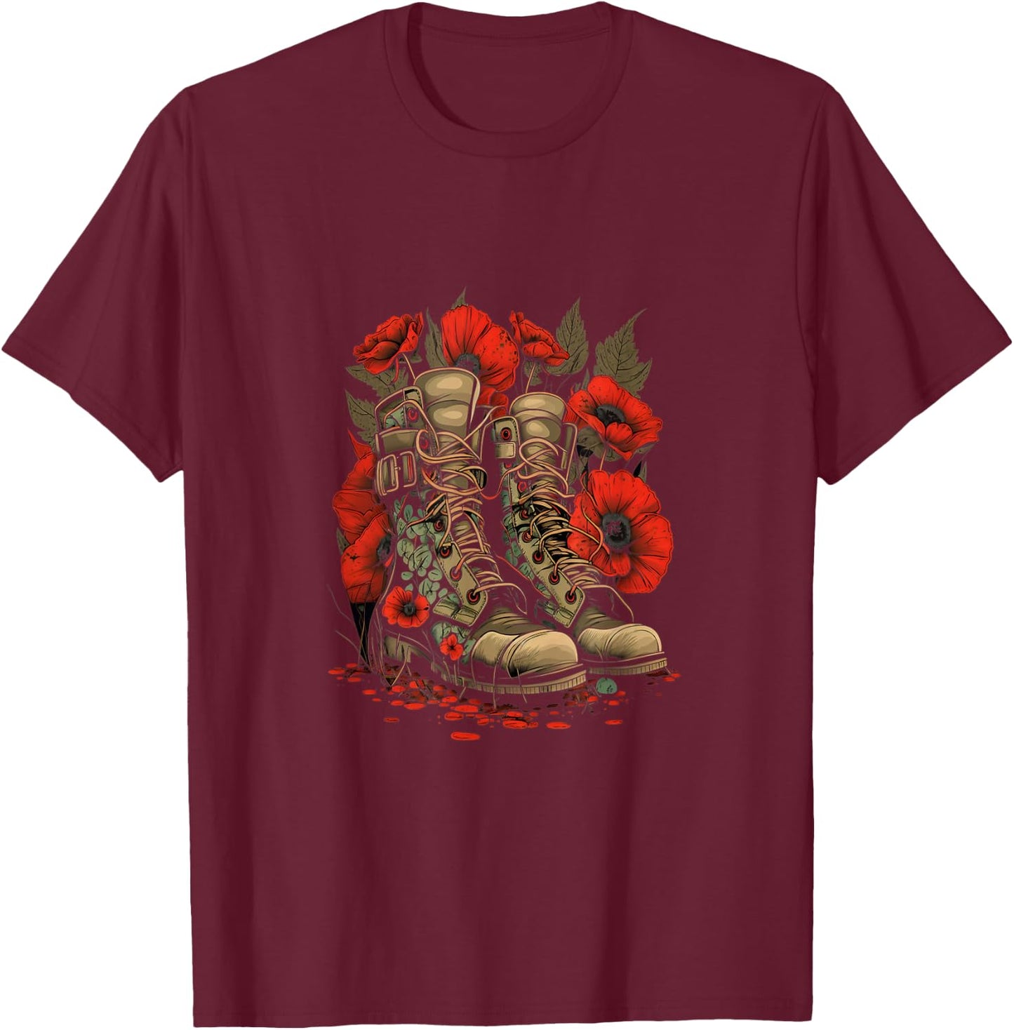 Memorial Day Red Poppy Flower Military Boots 4th of July Women Men T-Shirt - T-Shirt | Maroon