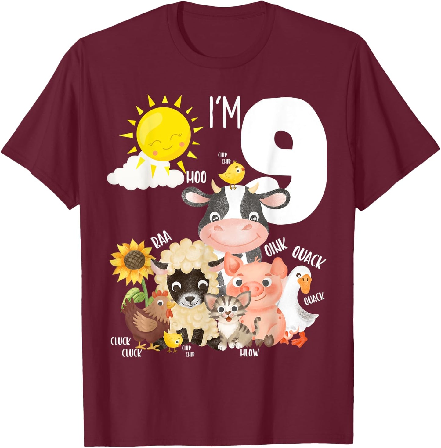 9th Birthday Barnyard Barn Farm Animals Sounds Age 9 Farm T-Shirt - T-Shirt | Maroon