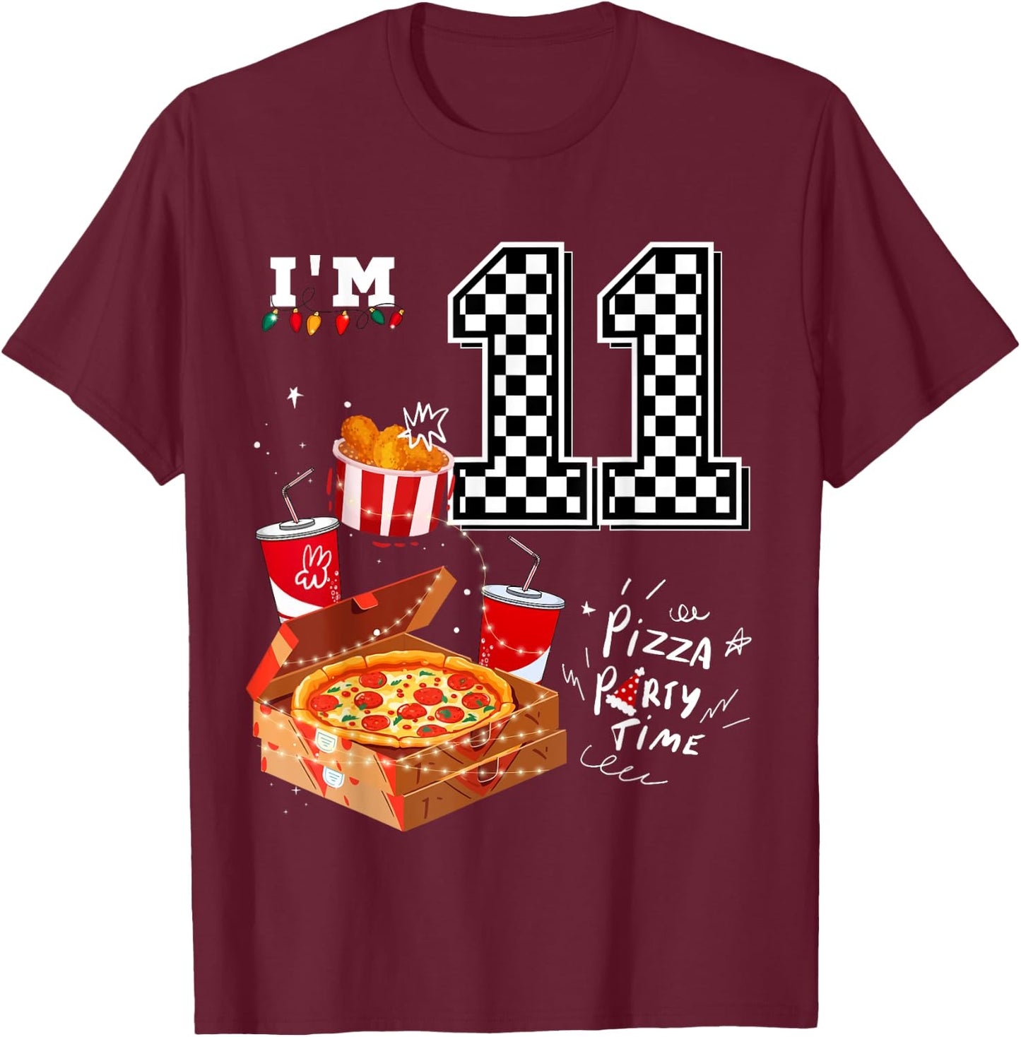 Funny Pizza Lover 11th Birthday Crew 11 Years Old Boys Match T-Shirt - T-Shirt | Maroon