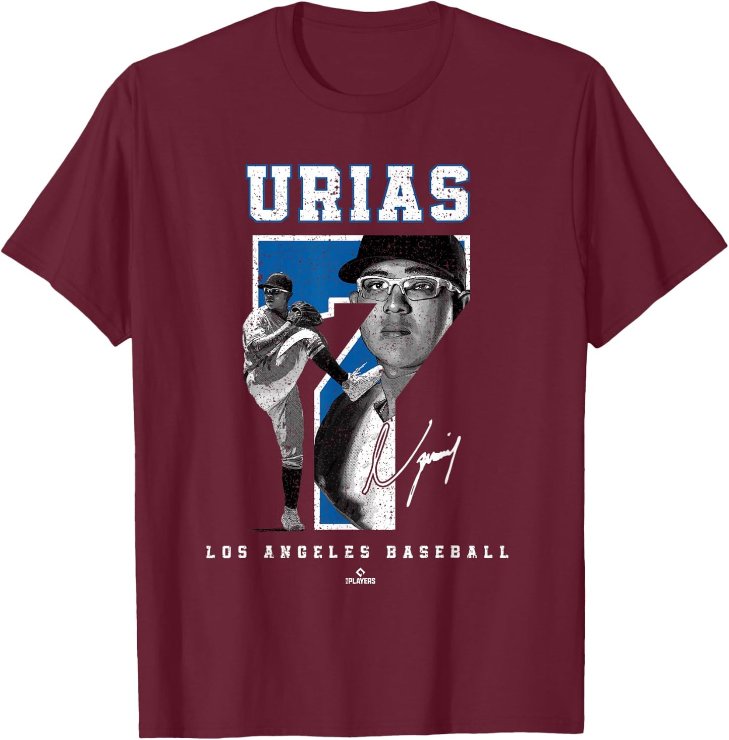 Number and Portrait Julio Urias Los Angeles MLBPA T-Shirt - T-Shirt | Maroon