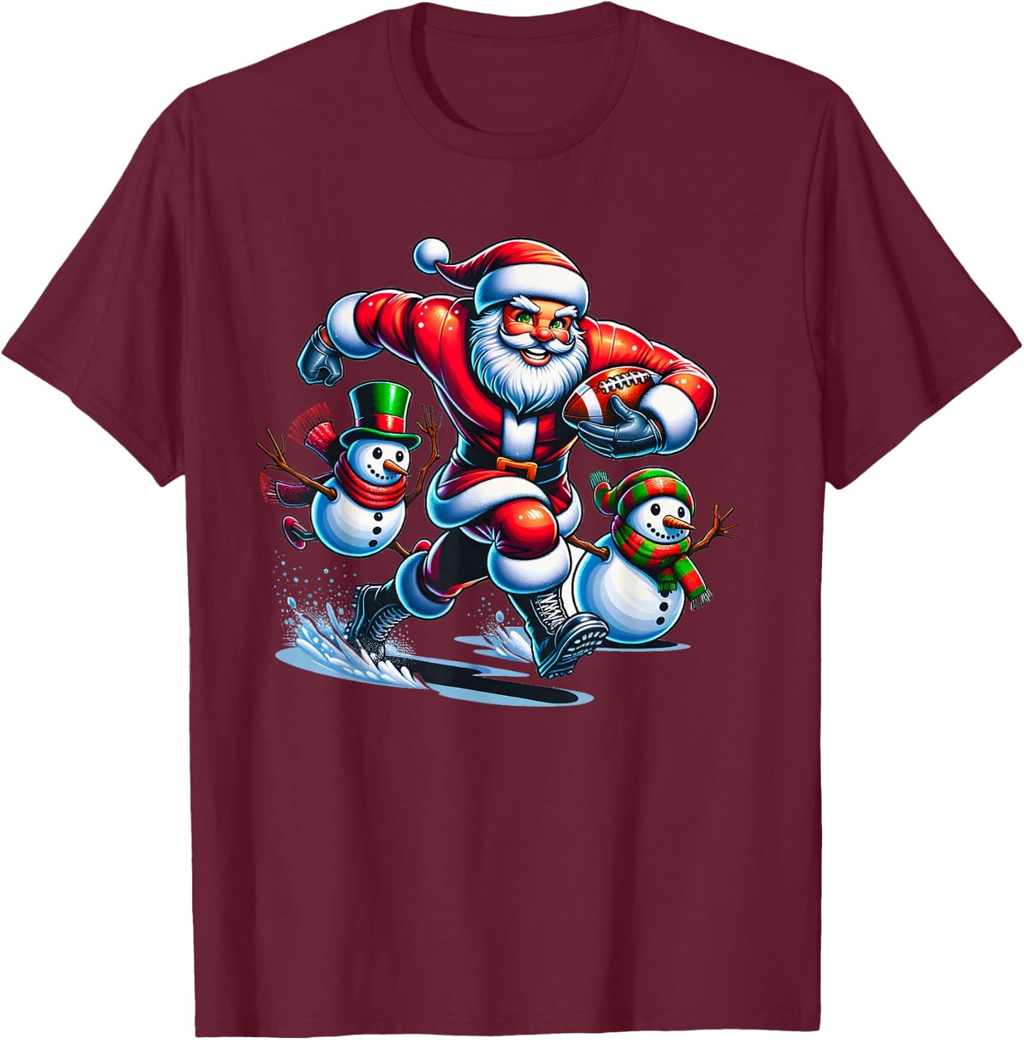 Christmas Football Santa Playing Football T-Shirt - T-Shirt | Maroon