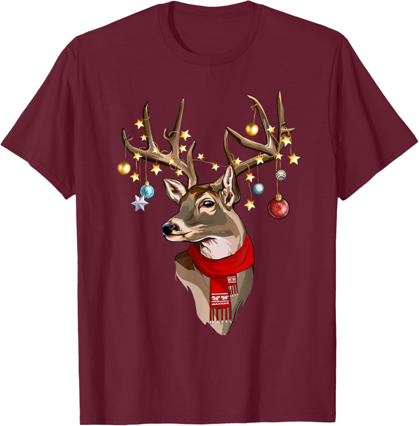 Buck Deer Antlers Christmas Lights Scarf Xmas Party T-Shirt - T-Shirt | Maroon