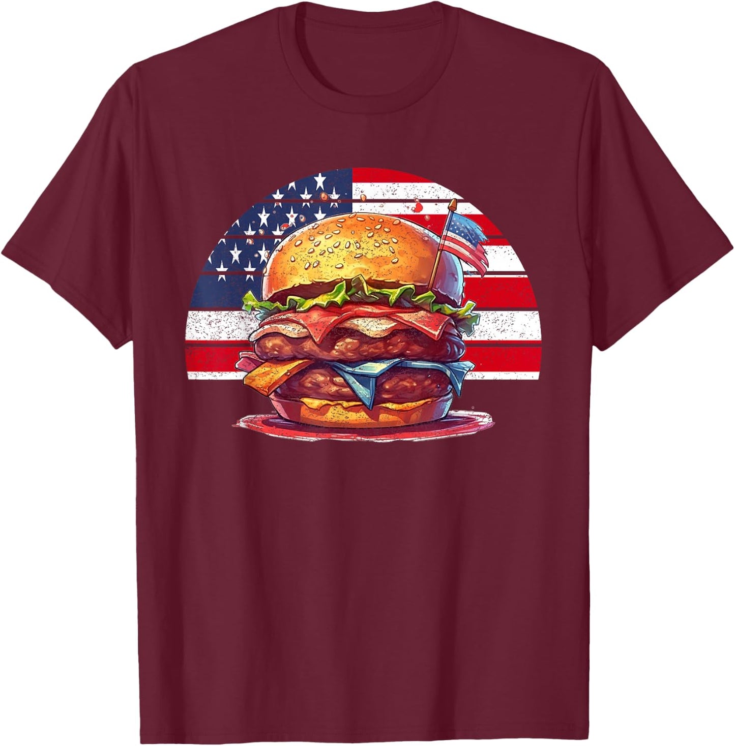 4th Of July Burger Vintage American USA Flag Women T-Shirt - T-Shirt | Maroon