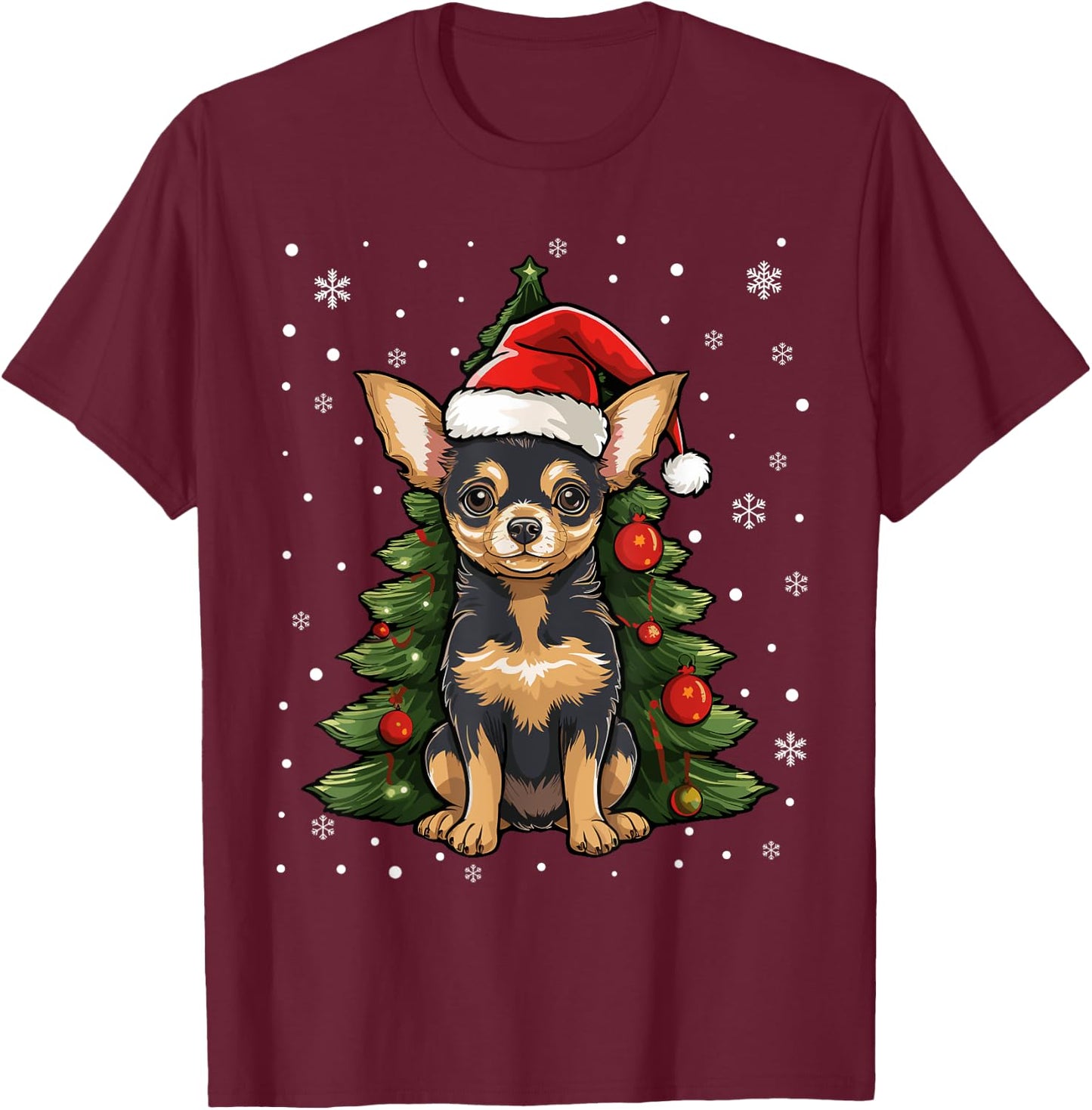 Chihuahua Dog Christmas Tree Santa Hat Xmas Pajama T-Shirt - T-Shirt | Maroon