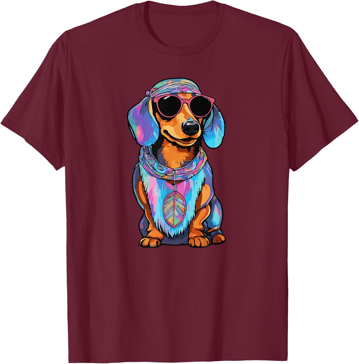 Colorful Tie Dye Hippie Dachshund Dog Wearing Sunglasses Men Women Girls Kids T-Shirt - T-Shirt | Maroon