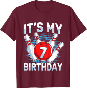 7 Years Old Bowling 7th Birthday Party Boys Girls T-Shirt - T-Shirt | Maroon