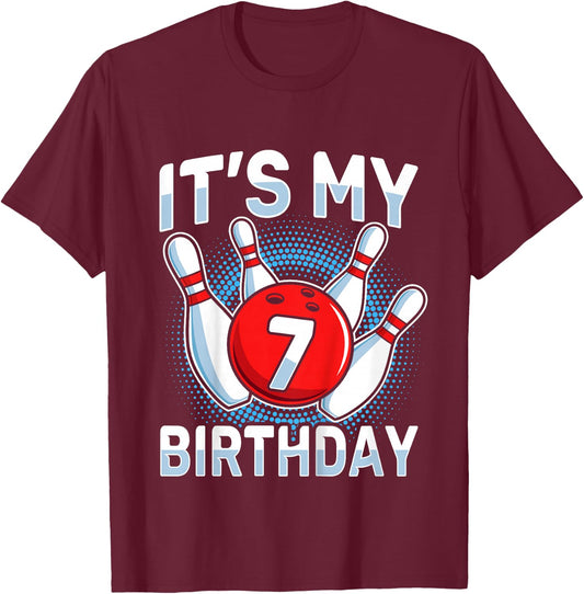 7 Years Old Bowling 7th Birthday Party Boys Girls T-Shirt - T-Shirt | Maroon