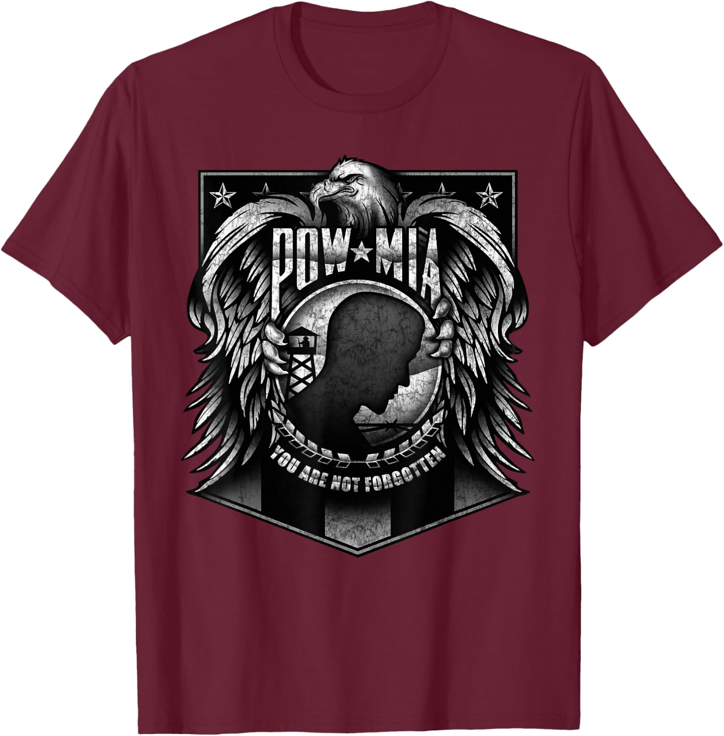US Military POW MIA You Are Not Forgotten Shield with Eagle T-Shirt - T-Shirt | Maroon