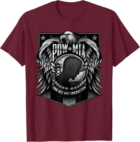 US Military POW MIA You Are Not Forgotten Shield with Eagle T-Shirt - T-Shirt | Maroon