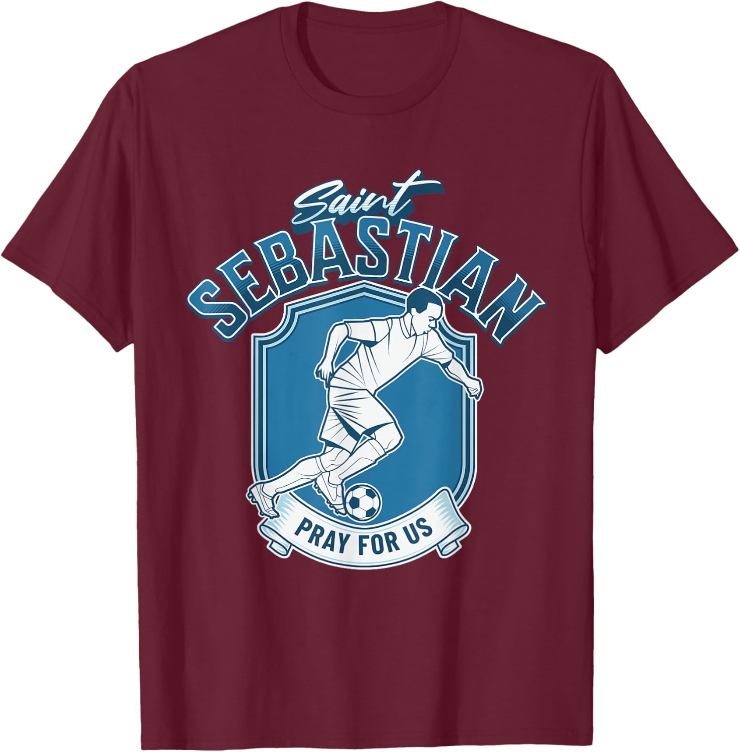 St Sebastian Patron Saint of Athletes Soccer Ball Football T-Shirt - T-Shirt | Maroon