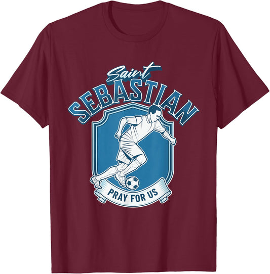 St Sebastian Patron Saint of Athletes Soccer Ball Football T-Shirt - T-Shirt | Maroon