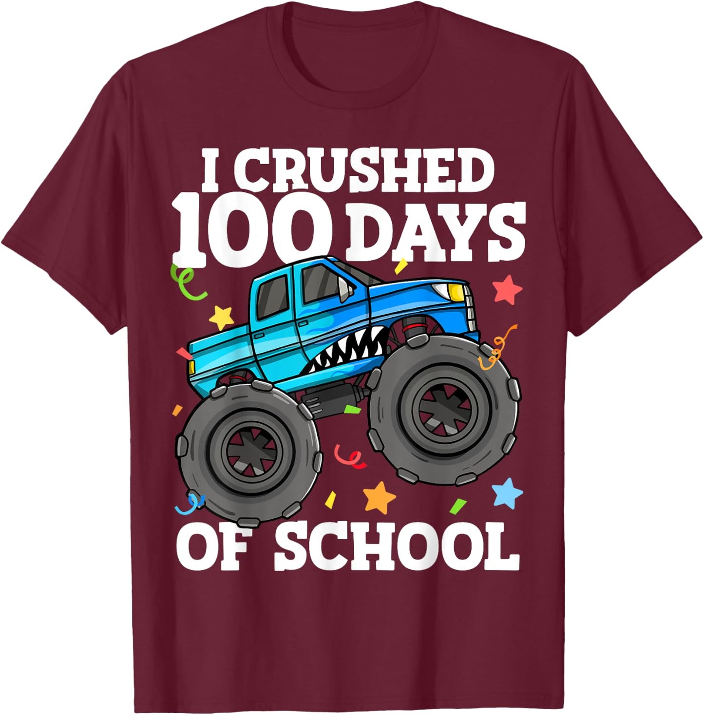 100 Days of School Monster Truck 100th Day of School Boys T-Shirt - T-Shirt | Maroon