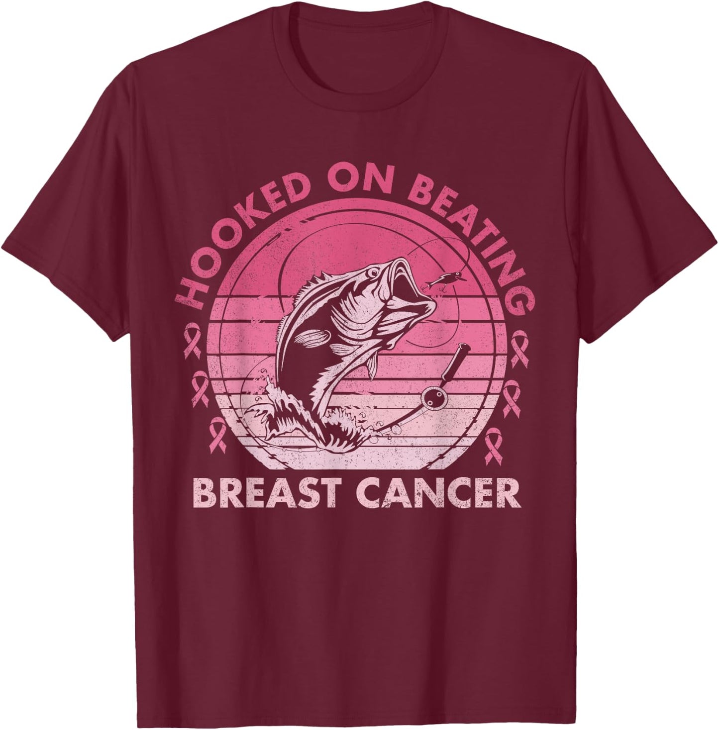 Hooked on Beating Breast Cancer Awareness Fishing Vintage T-Shirt - T-Shirt | Maroon