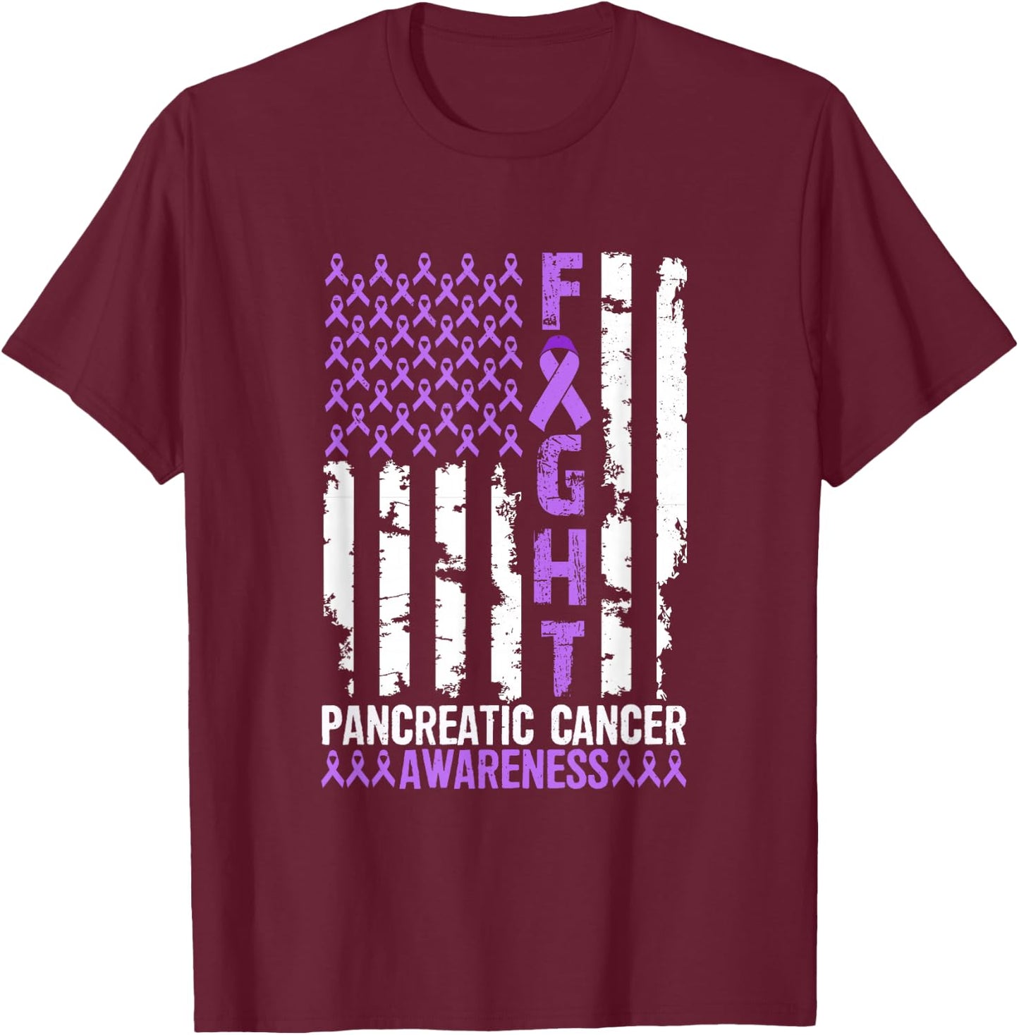 Fight Flag Purple Ribbon Support Pancreatic Cancer Awareness T-Shirt - T-Shirt | Maroon
