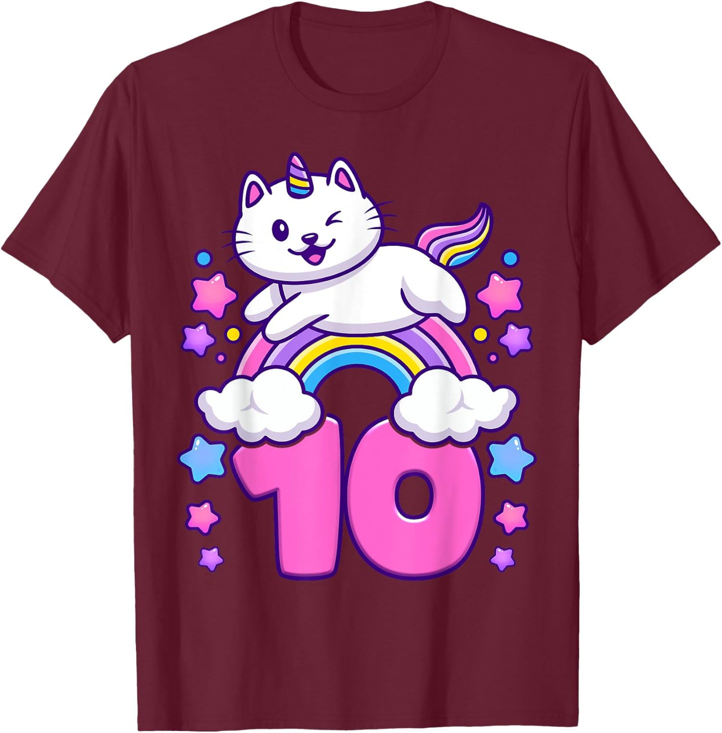 Birthday girl 10 years old, cat, unicorn, 10th birthday T-Shirt - T-Shirt | Maroon