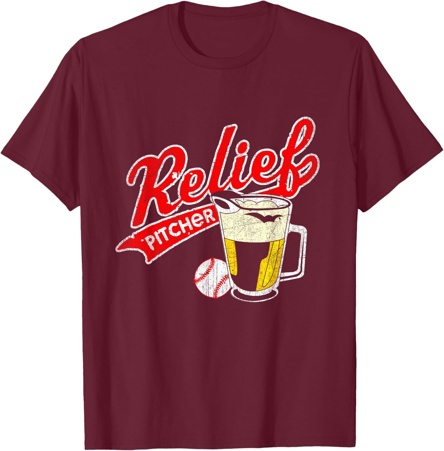 Relief Pitcher Beer and Baseball - Funny Player T-Shirt - T-Shirt | Maroon