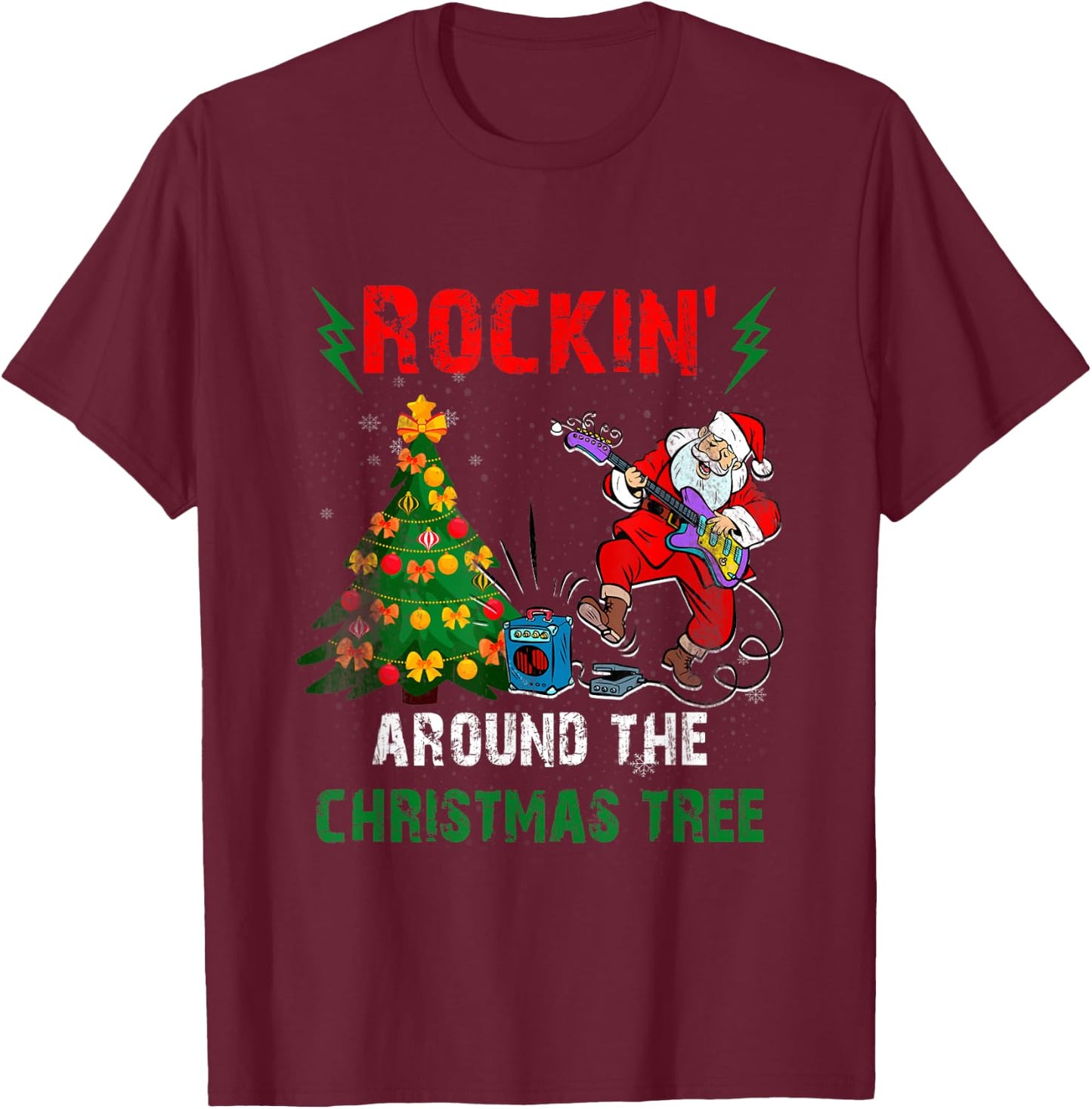 Rockin Around Christmas Tree Funny Rocker Santa Music T-Shirt - T-Shirt | Maroon