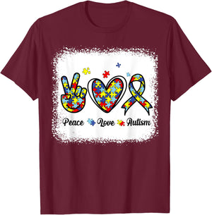 Peace Love Autism Awareness Shirt Kids Women Cute Mom Girl T-Shirt - T-Shirt | Maroon