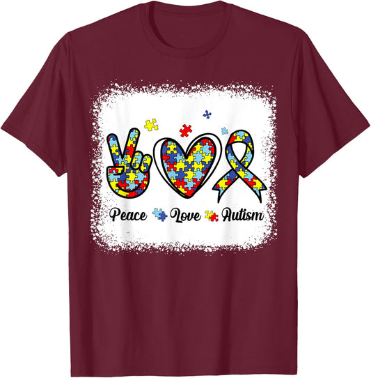 Peace Love Autism Awareness Shirt Kids Women Cute Mom Girl T-Shirt - T-Shirt | Maroon