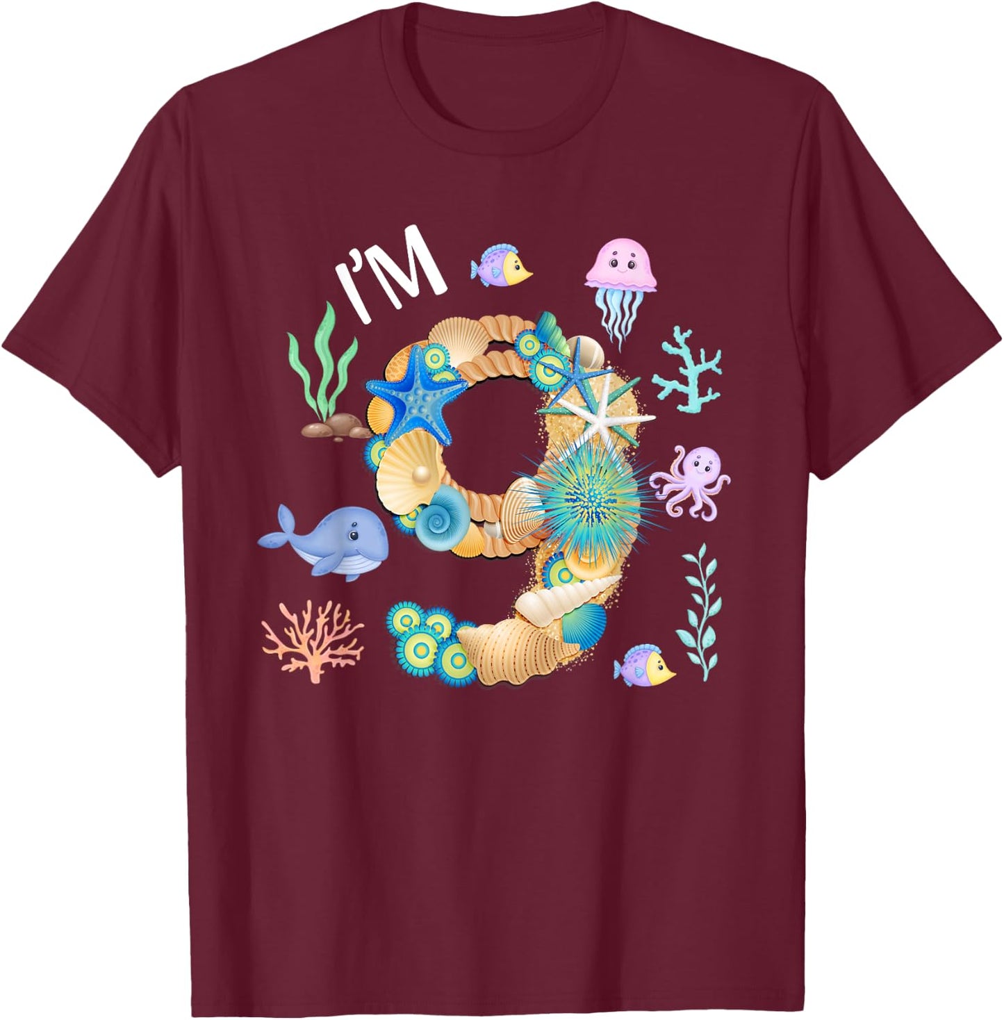 Under The Sea 9th Birthday Boy Whale Fish 9 Year Old Bday T-Shirt - T-Shirt | Maroon