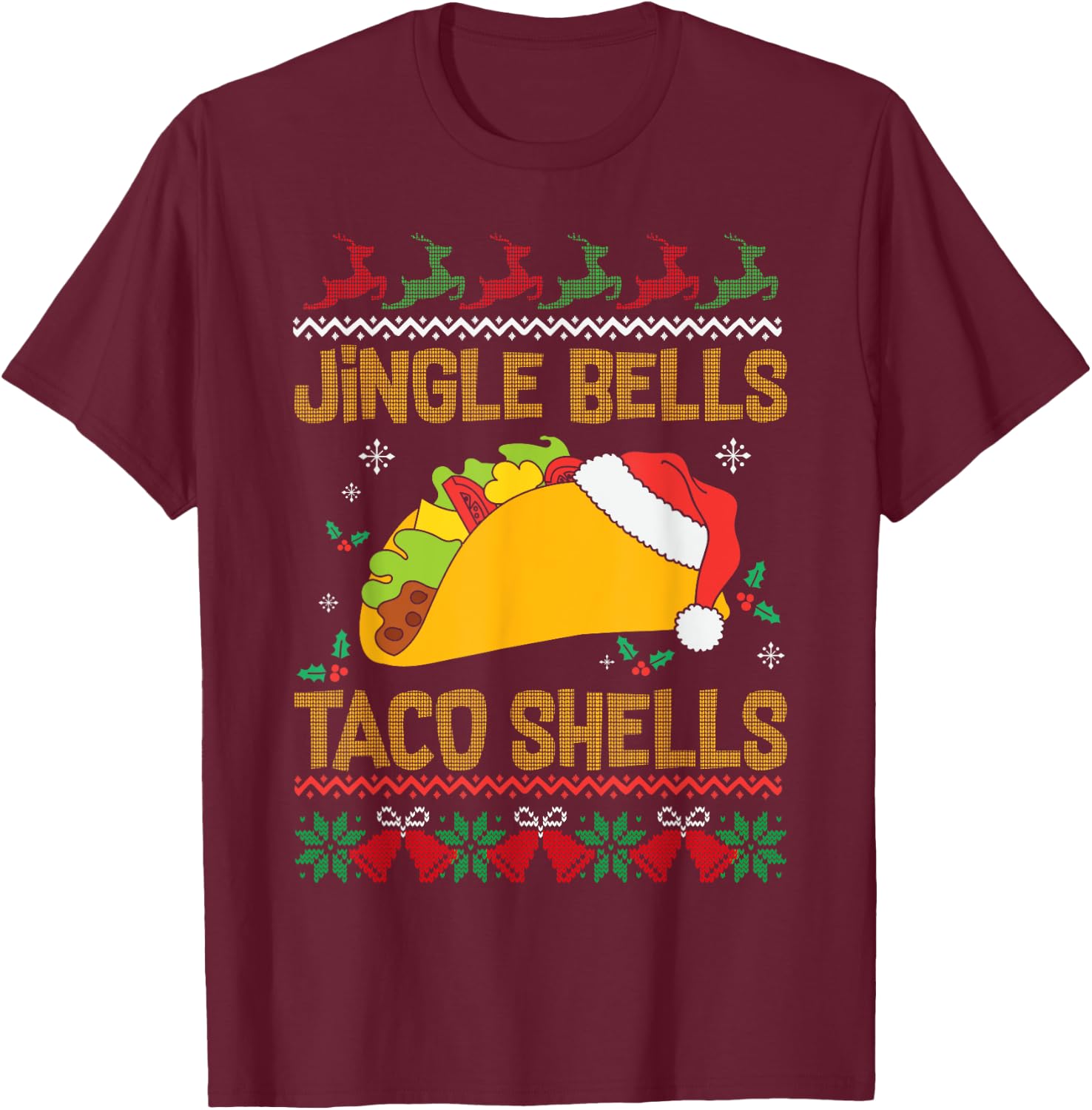 Ugly Christmas Fast Food Joke Jingle Bells Taco Shells T-Shirt - T-Shirt | Maroon