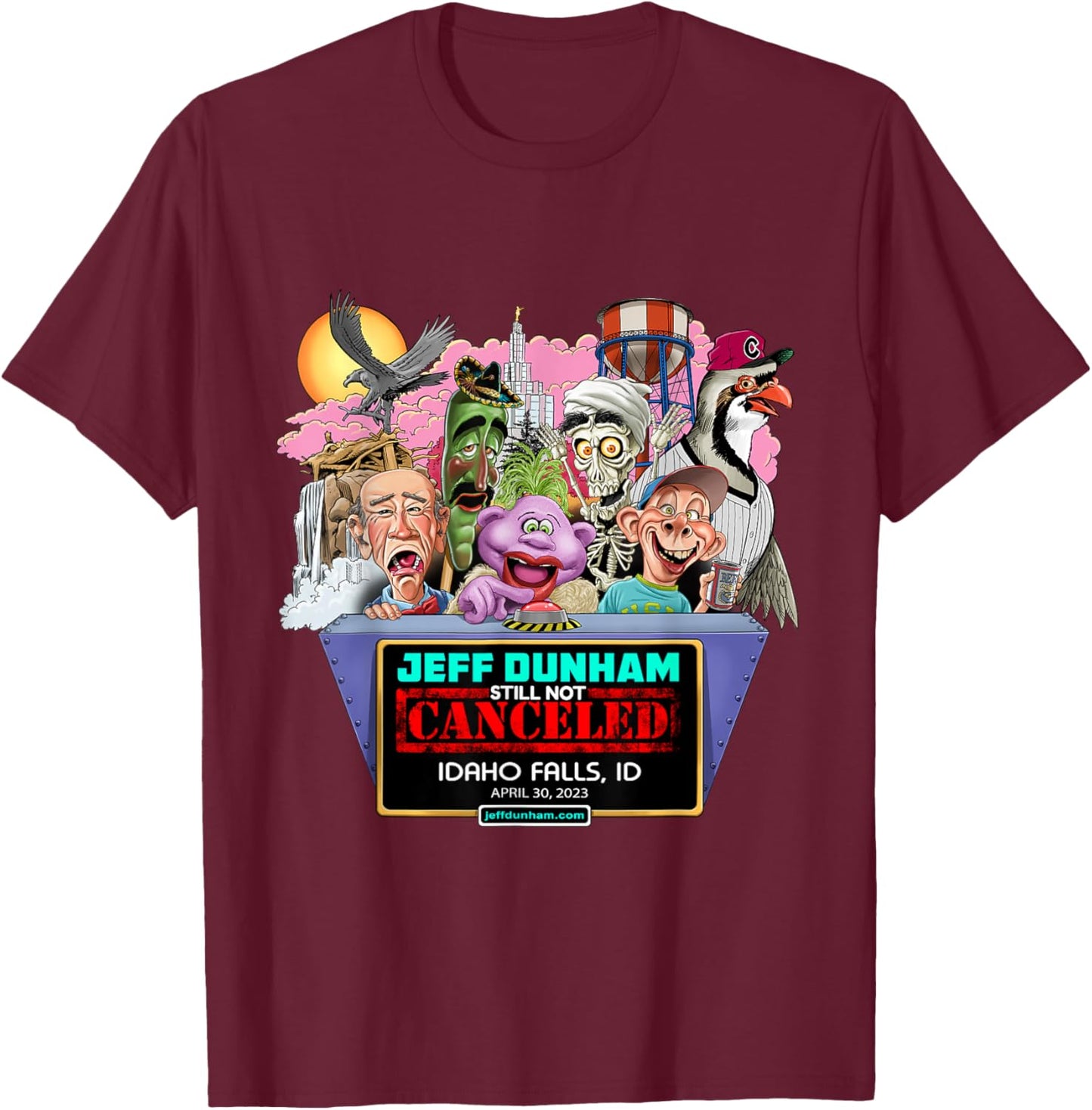 Jeff Dunham Idaho Falls, ID (2023) T-Shirt - T-Shirt | Maroon