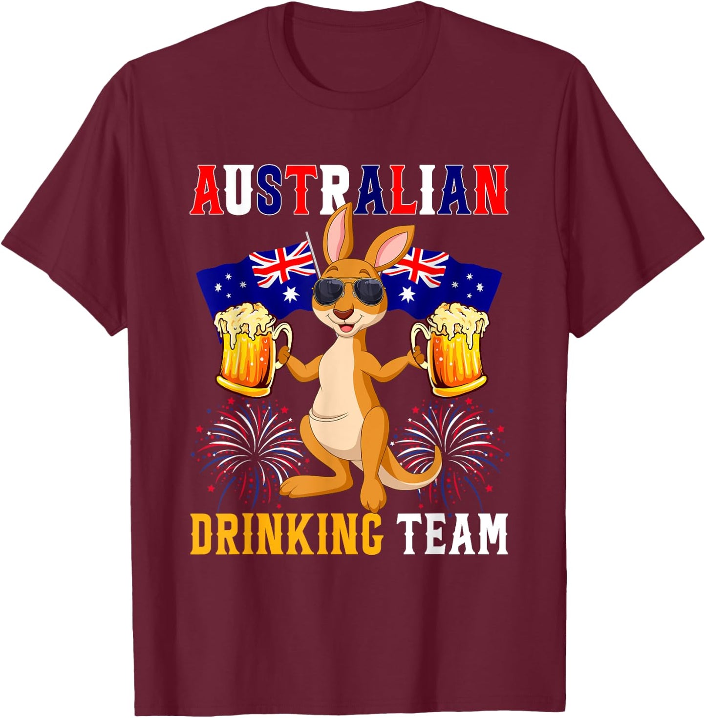 Australian Drinking Team Kangaroo Sunglasses Holding Beers T-Shirt - T-Shirt | Maroon